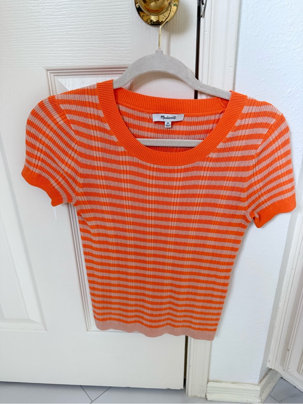 Madewell Orange and Cream Striped Ribbed Short-Sleeve Top